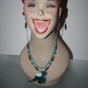 Boho Feather & Beads Necklace & Earrings Set